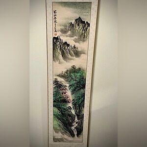 Vintage Chinese Mountain watercolor & black ink Landscape Brush painting 51”